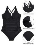 Plus Size Black V-Neck One Piece Swimsuit