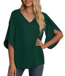 Jouica Women Summer 3/4 Sleeve Tops V Neck Chiffon Blouses for Women 3/4 Sleeve,01Dark Green,X-Large