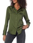 Amazon Essentials Women's Classic-Fit Satin Button Down Blouse (Available in Plus Size), Dark Olive, Large