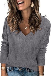 Arach&Cloz Women's V-Neck Long Sleeve Shirts Blouse Pullover Sweatshirt Rib Knitted Pattern Casual Holiday Tops Ladies Sweater Winter Fall Clothing Trendy 2024(Grey, Medium)