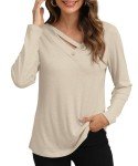 YSYOKOW Womens Long Sleeve Shirts Dressy Casual V Neck Tops Basic Loose Blouses Tunic(Beige, Medium)