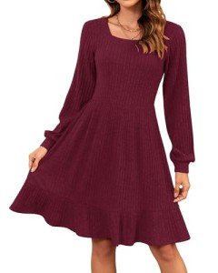 Wine Red Long Sleeve Babydoll Dress for Women
