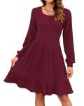 Wine Red Long Sleeve Babydoll Dress for Women
