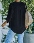 AISEW Womens Casual V Neck Shirts Cuffed Sleeves Chiffon Blouses Loose Solid Henley Work Tops (1169Black, XXL)
