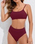 High Waist Ribbed Bikini Set in Burgundy