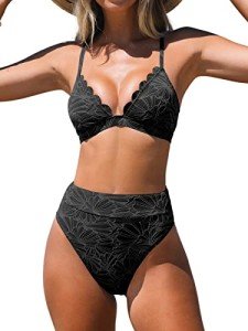 CUPSHE Women's Black High Waisted Scalloped Bikini Set