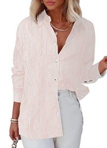 hellobaby Womens Striped Button Down Shirts Classic Long Sleeve Stylish Collared Office Work Blouses Tops (X-Large, Light Pink)