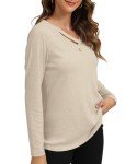 YSYOKOW Womens Long Sleeve Shirts Dressy Casual V Neck Tops Basic Loose Blouses Tunic(Beige, Medium)