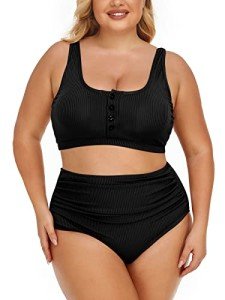 Plus Size Ribbed High Waist Bikini Set - Black
