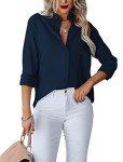 hellobaby Womens Button Down Shirts V Neck Long Sleeve Office Casual Business Plain Blouse Tops with Pocket (Large, Dark Blue)