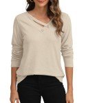 YSYOKOW Womens Long Sleeve Shirts Dressy Casual V Neck Tops Basic Loose Blouses Tunic(Beige, Medium)