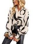 HUXRAKV Women's Casual Printed Button-Down Shirts Dressy Long Sleeve Blouse with Lantern Sleeve Blouses Top,WD15-Apricot,S