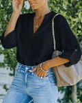 AISEW Womens Casual V Neck Shirts Cuffed Sleeves Chiffon Blouses Loose Solid Henley Work Tops (1169Black, XXL)