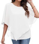 Qixing Summer Casual Loose Round Neck Chiffon Flowy Tops Blouses for Women White-XX-Large