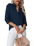 hellobaby Womens Button Down Shirts V Neck Long Sleeve Office Casual Business Plain Blouse Tops with Pocket (Large, Dark Blue)