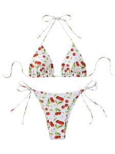 Cherry Print Halter Bikini Set for Women
