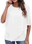 Qixing Summer Casual Loose Round Neck Chiffon Flowy Tops Blouses for Women White-XX-Large