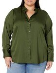 Amazon Essentials Women's Classic-Fit Satin Button Down Blouse (Available in Plus Size), Dark Olive, Large