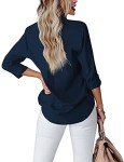 hellobaby Womens Button Down Shirts V Neck Long Sleeve Office Casual Business Plain Blouse Tops with Pocket (Large, Dark Blue)