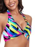 Twist Front Neon Striped Halter Bikini Top