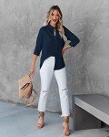 hellobaby Womens Button Down Shirts V Neck Long Sleeve Office Casual Business Plain Blouse Tops with Pocket (Large, Dark Blue)