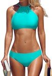 Aqua Floral Striped Halter Bikini Swimsuit Set