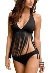 Lukitty Women's Black Halter Fringe Bikini Set
