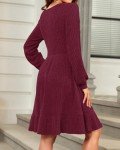 Wine Red Long Sleeve Babydoll Dress for Women