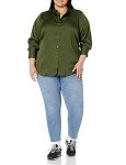 Amazon Essentials Women's Classic-Fit Satin Button Down Blouse (Available in Plus Size), Dark Olive, Large
