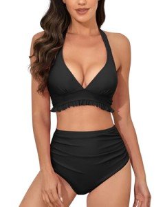 High Waisted Black Ruffle Hem Swimsuit for Women