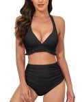 High Waisted Black Ruffle Hem Swimsuit for Women