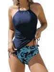 CUPSHE Women's High Neck Tankini Set, Navy/Paisley