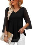 CHICZONE Tunic Dressy Tops Women Summer 3/4 Sleeve V Neck Shirt Double Layers Mesh Blouse Ladies Chiffon Loose Flowy Trendy Solid Ruffle Shirts Black Medium