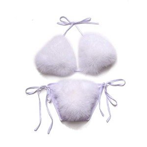 White Faux Fur Halter Triangle Bikini Set