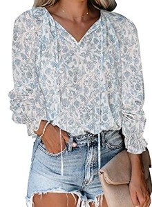 Women Shirts Plus Size Blouse Ladies Long Sleeve Boho Tops V Neck Oversized Fall Trendy Work Office Loose Cute Tops Sky Blue X-Large