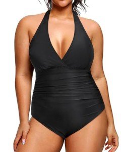 Daci Plus Size Halter V Neck Swimsuit, Black