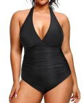 Daci Plus Size Halter V Neck Swimsuit, Black