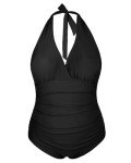 Daci Plus Size Halter V Neck Swimsuit, Black