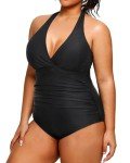 Daci Plus Size Halter V Neck Swimsuit, Black