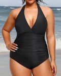 Daci Plus Size Halter V Neck Swimsuit, Black