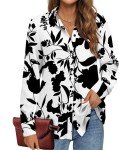 BETTE BOUTIK Women's Button Down Shirts Long Sleeve Printed Button Up V-Neck Casual Office Business Blouses Plain Tops（ FloSilhouette，Large ）