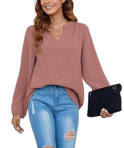 GOUCEHN Women Long Sleeve Shirts Casual V Neck Blouses Dressy Tunic Tops for Leggings (Pink, Large)