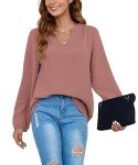 GOUCEHN Women Long Sleeve Shirts Casual V Neck Blouses Dressy Tunic Tops for Leggings (Pink, Large)