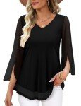CHICZONE Tunic Dressy Tops Women Summer 3/4 Sleeve V Neck Shirt Double Layers Mesh Blouse Ladies Chiffon Loose Flowy Trendy Solid Ruffle Shirts Black Medium