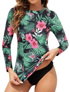 Floral Green Women's Long Sleeve Rash Guard Top