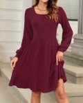 Wine Red Long Sleeve Babydoll Dress for Women