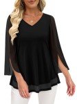 CHICZONE Tunic Dressy Tops Women Summer 3/4 Sleeve V Neck Shirt Double Layers Mesh Blouse Ladies Chiffon Loose Flowy Trendy Solid Ruffle Shirts Black Medium