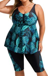 Hanna Nikole Plus Size Tankini with Shorts - Green Leaves