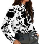 BETTE BOUTIK Women's Button Down Shirts Long Sleeve Printed Button Up V-Neck Casual Office Business Blouses Plain Tops（ FloSilhouette，Large ）