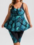 Hanna Nikole Plus Size Tankini with Shorts - Green Leaves